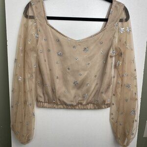 Mia Joy Mesh Glitter Star Sheer Sleeve Crop Top Nude Going Out-S